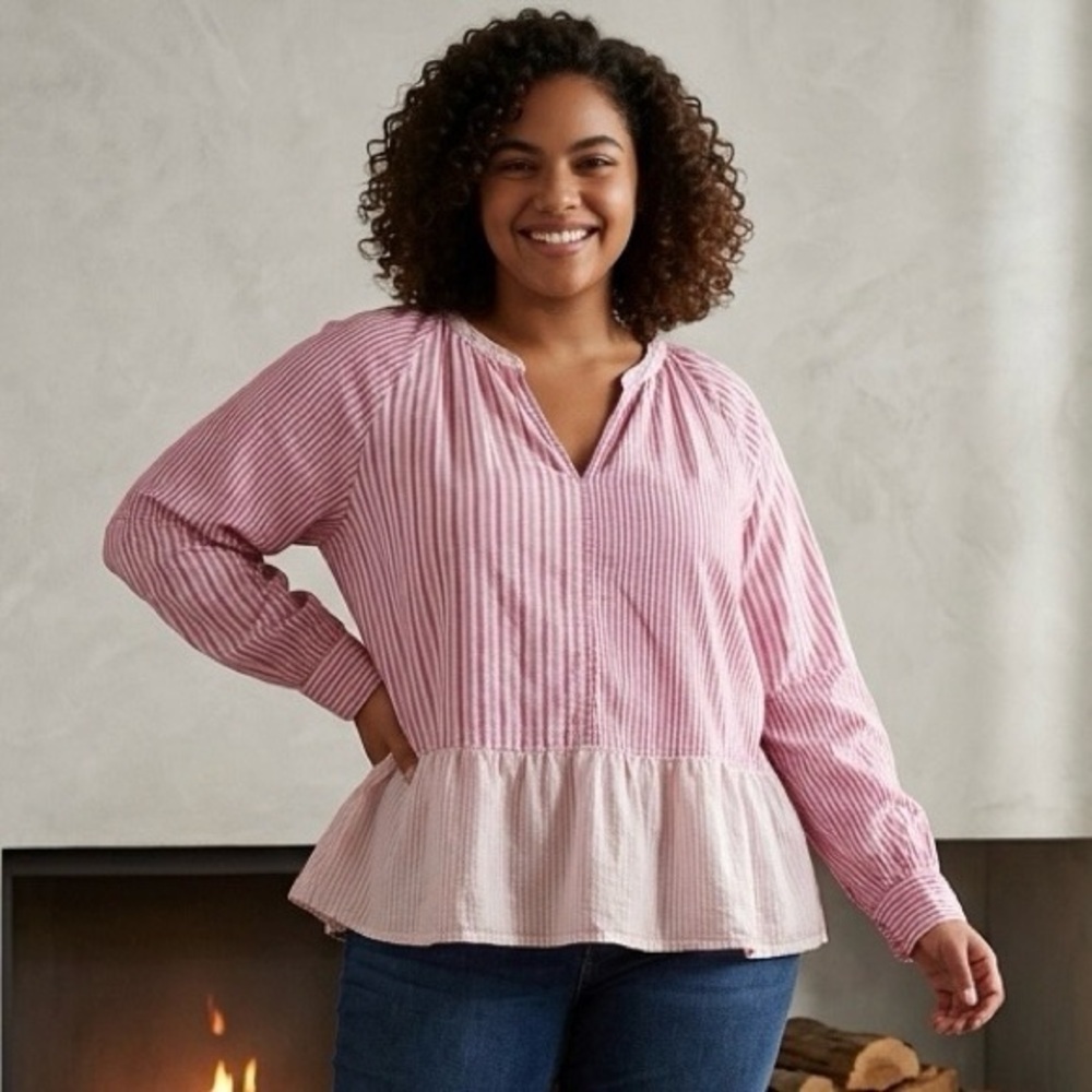 Free Assembly Striped Long Sleeve Ruffle Hem Womens Cotton Top Size XL Pullover